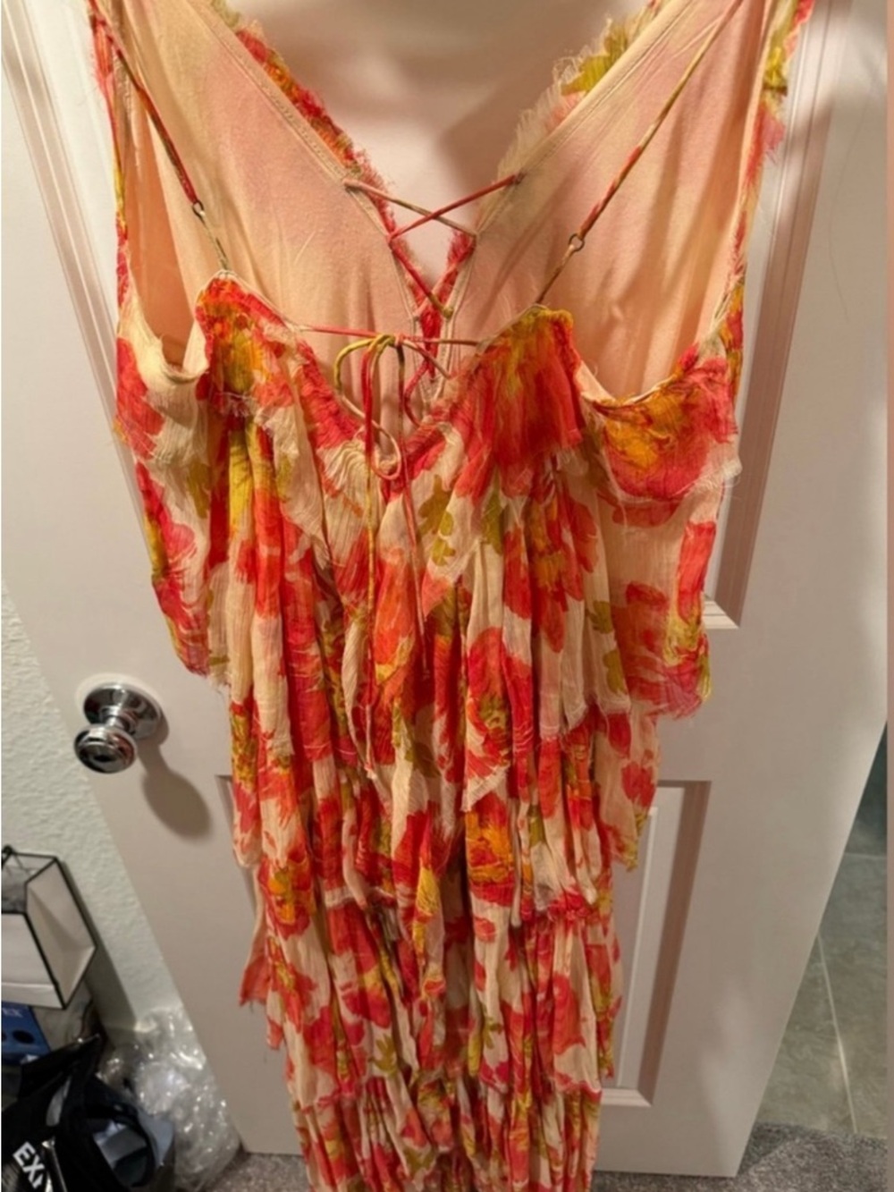 Free People Coral and Cream Tiered Ruffle Maxi Dress - Picture 3 of 3